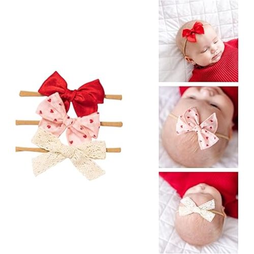 Little Poppy Co. Three Hair Bows Set - Stylish Handmade Accessories for Newborns,Babies and Toddlers | Premium Quality Headbands (Valentina Set, Mini on Nylon Headband (Newborn - 6 Month))