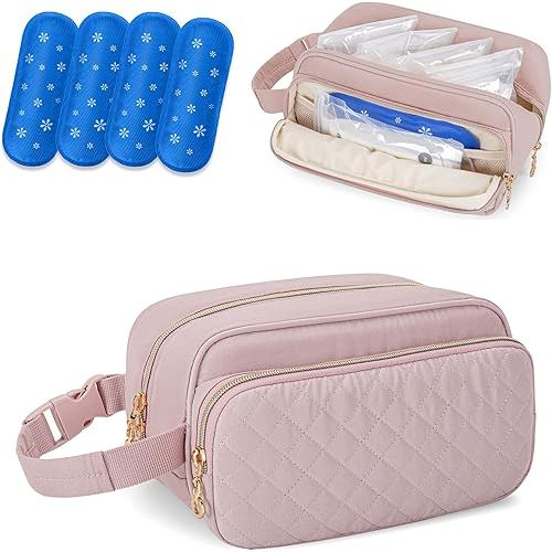 Damero Breastmilk Cooler Bag with 4 Ice Packs, Breast Milk Cooler Travel Bag Fit for Milk Bags or Bottles, with Buckle Handle for Breastfeeding Moms Travel/Daycare, Pink