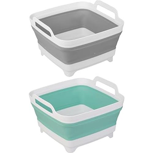 Tiawudi 2 Pack Dishpan for Washing Dishes, Wash Basin with Draining Plug Carry Handles, Collapsible Bucket for Cleaning, Portable Sink, Foldable Plastic Tub, 2.4Gal/9L Each