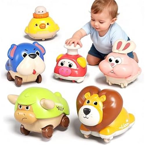 6pcs Press and Go Animal Toy Cars for Toddlers 1-3, Baby Push Go Battery-Free Long-Distance Friction Powered Vehicles for 6-12-18 Months, 1st Birthday Gifts for 1 2 Year Old Boy Girl