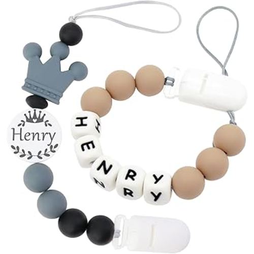Personalized Handmade Pacifier Clip with Name - Customizable Baby Pacifier Holder with Storage Bag (4 Pack) (Grey)