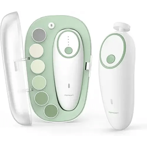 Momcozy Baby Nail File Electric, Gentle Baby Nail Trimmer Electric, Baby Nail Clipper with Night Light, 7 Grinding Head Replacement Pads, Green