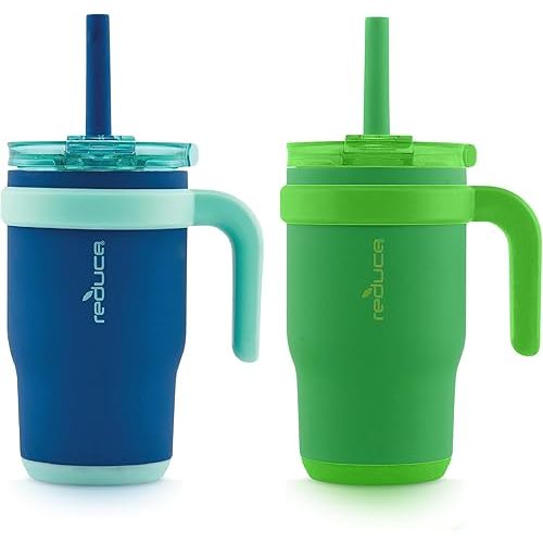 REDUCE 14 oz Coldee Tumbler with Handle for Kids - 2 Pack, Leakproof Insulated Stainless Steel Mug with Lid & Spill-Proof Straw, Keeps Drinks Cold up to 18 Hrs, Clover Green and Nautical Mist