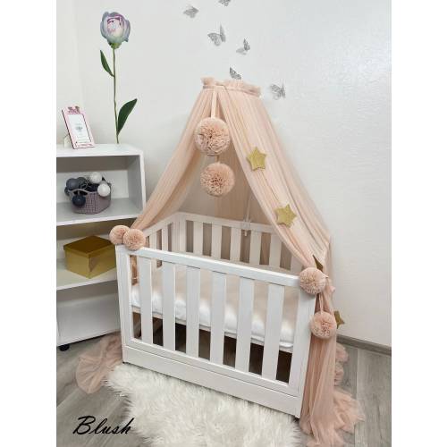 Nursery canopy attachment for crib, Baldachin with pompoms, Hanging baldachin for toddler, Sheer canopy for Princess room, Baby baldachin