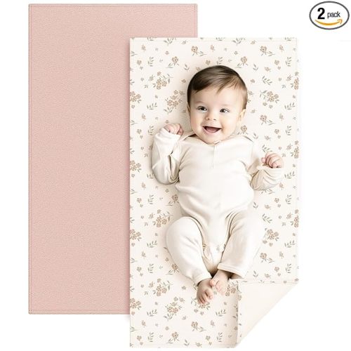 Konssy Faux Leather Baby Changing Mat, Waterproof, Wipeable & Portable Diaper Changing Pad for Travel or Home, Fits Perfectly in Diaper Bag, 30 x 17 inches (Blossom,Pink)