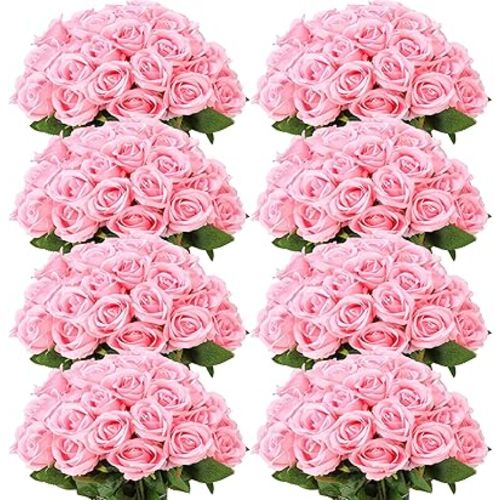 Hotop 120 Pcs Roses Artificial Flowers in Bulk,Long Stem Artificial Flower Bouquet,Silk Real Touch Fake Rose for Wedding Party Table Centerpieces Decor Valentines Gifts(Pink)