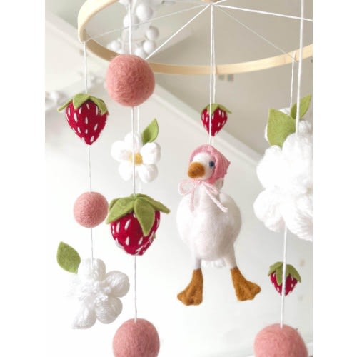 Strawberry Goose Baby Mobile: Needle Felted Farmhouse Nursery Decor | Baby Shower gifts