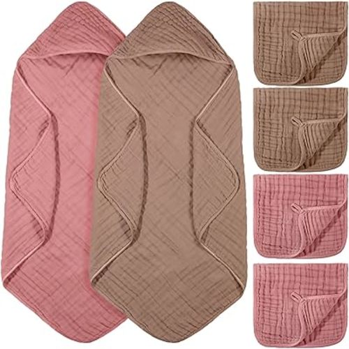 6 Pcs Baby Muslin Hooded Bath Towels and Washcloths, 32 x 32 Inch Muslin Cotton Hooded Baby Towels Absorbent Blankets for Gift Newborn Infant Shower(Light Bean Paste, Rose Pink)