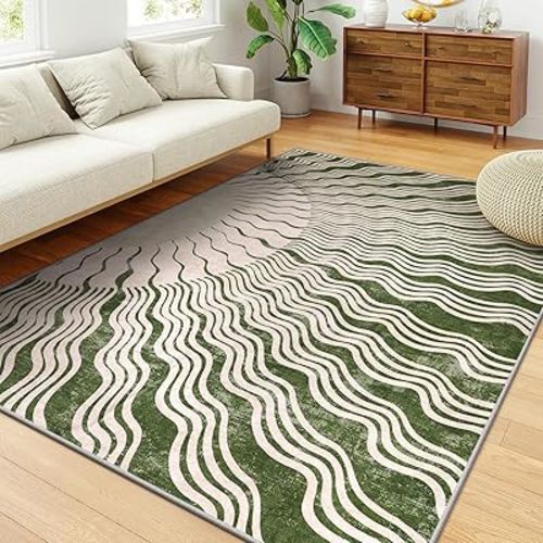 Boho Washable Rug 6x9, Soft 6x9 Green Rugs for Living Room, Ultra-Thin Non Slip Bedroom Rug Stain Resistant Classroom Rug Large Carpet for Dining Room Nursery(6'x9',Green/Multi)