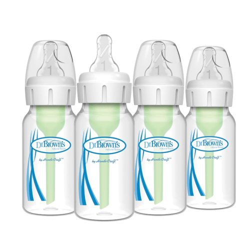 Dr. Brown's Natural Flow Anti-Colic Options+ Narrow Baby Bottle, 4 oz/120 mL, with Level 1 Slow Flow Nipple, 0m+, 4 Bottles