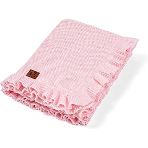 Ruffle Knit Blanket for Baby - 100% Luxury Soft Cotton Knit Warm Cozy Cuddle Stroller Crib Blanket for Newborns, Infants, & Toddlers (Pink)