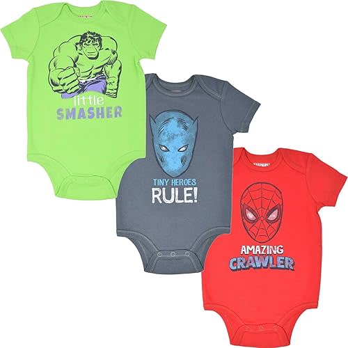 Marvel Avengers Spider-Man Black Panther Hulk Baby 3 Pack Bodysuits Newborn to Infant