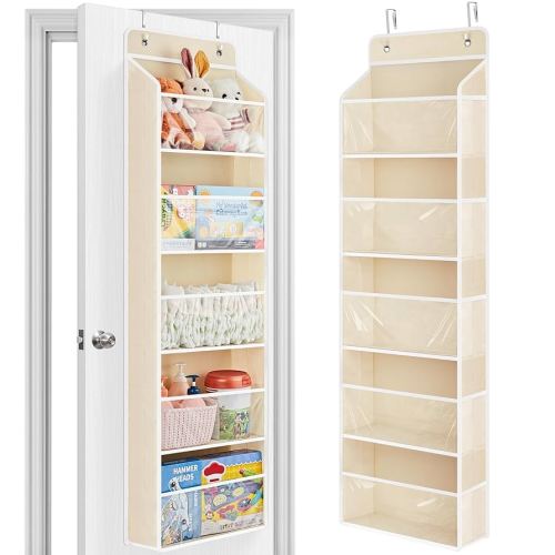 JARLINK Toy Stuffed Animal Storage, Over The Door Organizer W/Clear View Windows, 44lb Load, Baby Toy Storage Organizer for Nursery, Kid Bedroom, Newborn Baby Essentials (Beige)