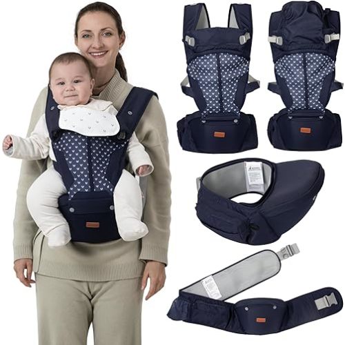 BabbleRoo 6-in-1 Baby Carrier with Hip Seat, Ergonomic, Cozy & Adjustable Toddler Carrier 7-50 lbs with Hip & Lumbar Support, Hood for Sun Protection, Baby Carrier Newborn to Toddler, Navy Hearts