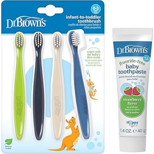 Dr. Brown's Infant-to-Toddler Toothbrush Set, Soft & Gentle Manual Toothbrushes for Baby, BPA Free, 4-Pack + Fluoride-Free Baby Toothpaste, Strawberry, 1-Pack, 1.4oz/40g, 0-3 Years