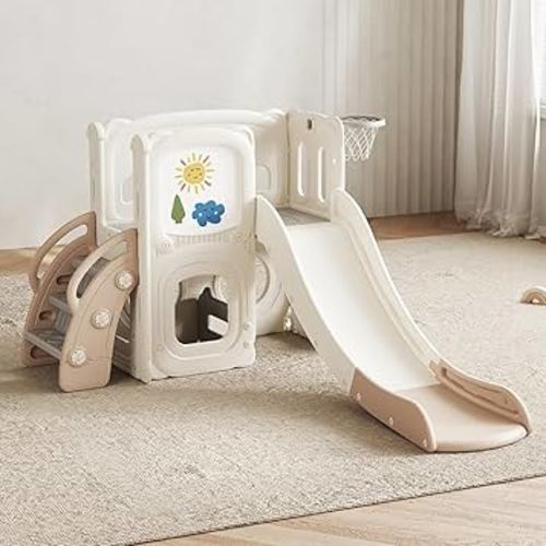 Kids Slide for Toddlers 1-3, Toddler Slide Indoor with Climber, Basketball Hoop,Dry Erase Board, Tunnel and Storage Space 6-in-1, Indoor Playground Set for Toddlers Freestanding Slides (no Swing)