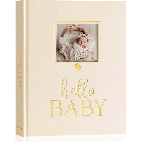 Lanpn Hello Baby Memory Book, Newborn First 5 Year Keepsake with DIY Window, Linen Baby Book Memories Journal Scrapbook Photo Book, Baby Milestone Album for Boy Girl New Parents (Beige, 154 Pages)