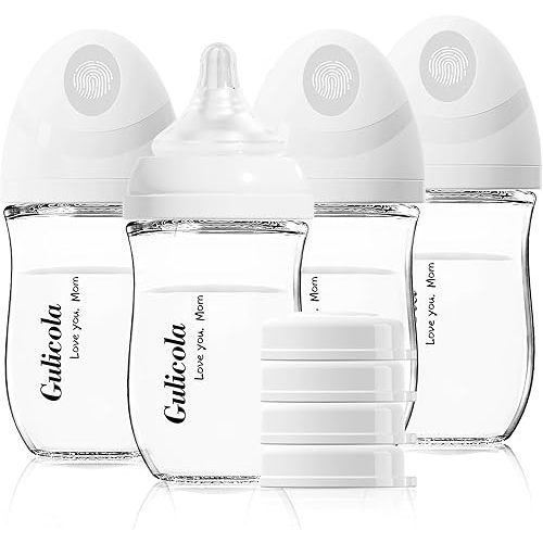 Natural Glass Baby Bottle 4 Pack, Newborn Breastfeeding Bottles Set, Extra Slow Flow Nipples (SS), Anti Colic, 0 Months+, 5 oz - White