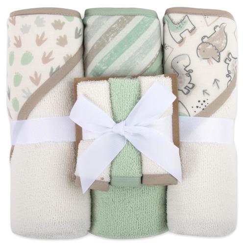Baby Essentials Dinosaurs & Stripes Polyester Hooded Towels, Multicolor, 6 Count