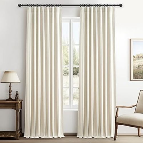 Floor to Ceiling Full Blackout Cream Linen 108 Inch Curtains 2 Panels Set for Sliding Glass Door, Luxury Pleated Thermal Window Drapes with Back Tab for Bedroom Thick Curtain 9 FT Room Darkening Burg