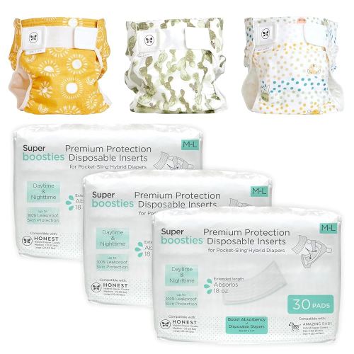 Super Boosties 90ct + Honest Hybrid Cloth Diaper Cover with Pocket-Sling, Large (22-40 lbs), Stops Nighttime Leaks, Boosties Disposable Diaper Inserts, Honest Cotton Muslin Covers, 3 Pack