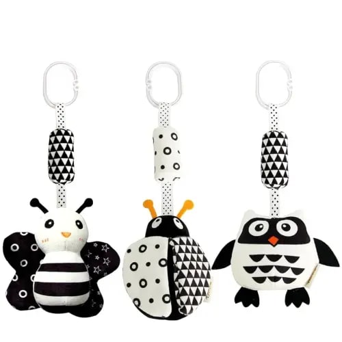 KAKIBLIN Baby Hanging Toy,3 Pack Black and White Baby Toys, High Contrast Hanging Toys,Plush Soft Stroller Rattles Toy for Boys and Girls(21CM, Ladybug,Bee & Owl)