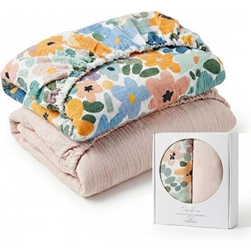 Muslin Crib Sheets for Girls Boys 2 Pieces, Soft and Breathable Sheets for Standard Crib Mattress, Cotton Fitted Baby Crib Sheet, 52"x 28", Colorful Flowers (Colorful Flowers & Beige)