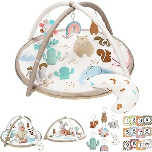 Baby Play Gym with 7 Toys and 12 Mliestone Cards, Baby Play Mat with Velvet Fabric Tummy Time Pillow, Animal Design Tummy Time Mat, Baby Gym Activity Center, Thicker and Non Slip Mat, Washable