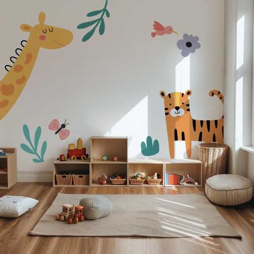 Large Safari Animals Wall Decal, Stickers For Baby Room, Kids Wall Mural, Nursery Accent Wall, Cute Giraffe Decal, Big Tiger Stickers,Jungle