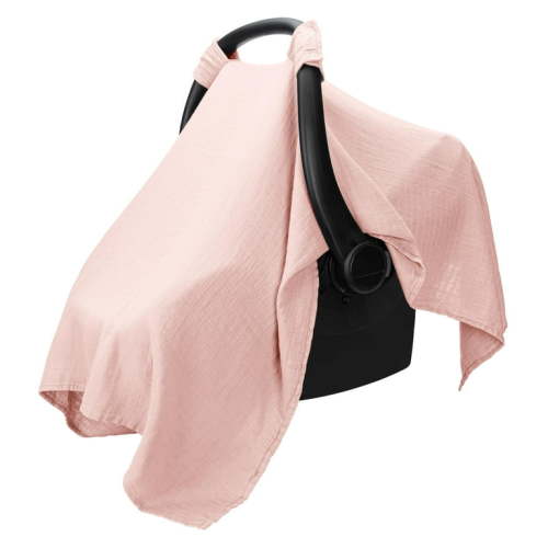 Car Seat Cover Baby Summer Essentials, Muslin Cotton Carseat Cover for Babies, Breathable Infant Carseat Cover Lightweight Baby Carrier Cover for Girls Boys, Fit Spring/Hot Days/Warm Weather, Pink