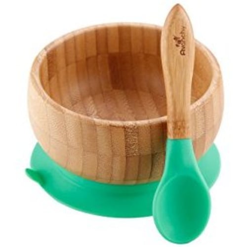 Avanchy - Baby Feeding Bowl and Spoon Set, Bamboo Bowl with Spill Proof, Stay Put Suction Ring, 5” × 3” Bowl Size - Green