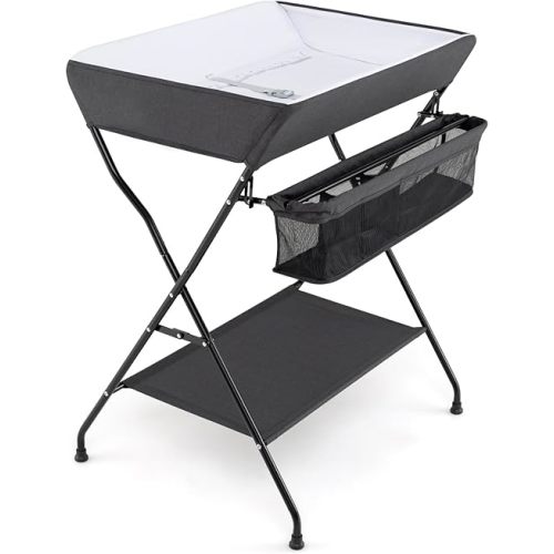 HONEY JOY Changing Table, Folding Nursery Organizer with Open Shelf & Safety Belt, Portable Diaper Changing Station for Newborn (Black, Basic)