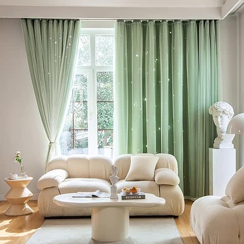 Stars Double Layer Blackout Curtains for Bedroom - Kids Cute Curtains, 84 Inches Long 1 Panel, Green, 42 X 84 Inches