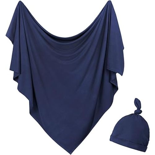 Newborn Swaddle Blanket with Hat Set Baby Swaddle Set Hospital Receiving Blankets for Girls Boys(Navy,35"*35")