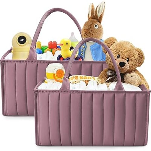 SWEET DOLPHIN 2-Pack Baby Diaper Caddy Organizers, Stylish Storage Baskets for Newborn Essentials, Diaper Station & Car Travel, Value Bundle for Baby Shower Gifts & Registry Must-Haves - Tan