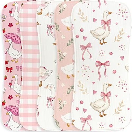 5pcs Goose Burp Cloths for Baby Girls Parent,100% Cotton White Geese Themed Design Burp Rags, Soft Breathable Muslin Burping Cloths Absorbent Spit-Up Cloths for Infant Newborns