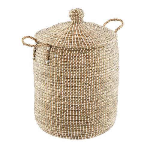 White Seagrass Hamper with Lid | The Container Store- Round Tapered Seagrass Hamper White