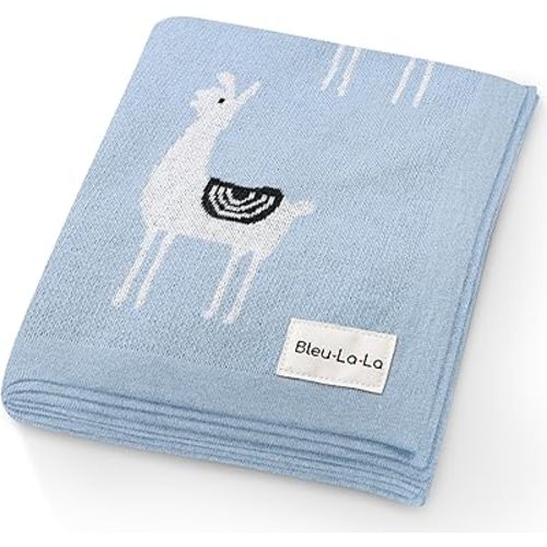 Baby Receiving Swaddle Stroller Blanket - 100% Fine Loomed Cotton Cozy Cuddle Crib Stroller Unisex Quilt Knit Blanket for Newborns Infants Toddler Boys and Girls (Llama - Baby Blue)