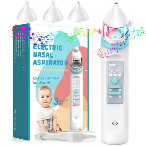 Nasal Aspirator for Baby, Electric Nose Booger Sucker Automatic Nose Cleaner USB Rechargeable W/ 3 Silicone Tips, 5 Suctions Power, Music & Colorful Light Soothing Function for Infants Newborn Kids