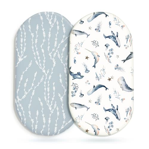 GRSSDER Stretchy Ultra Soft Fitted Bassinet Sheet Set 2 Pack, Universal Fit for Bassinets Baby Cradle Moses Basket Oval Rectangle Mattress Safe and Snug, Sea Fish Print