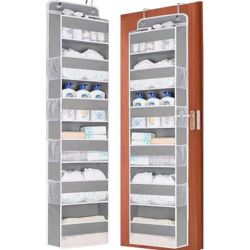 Over The Door Organizer Storage, 6 Bins Heavy Duty Closet Door Organizer Hanging, Anti Tilt 50 lb Back of Door Organizer for Bathroom, Bedroom, Nursery Baby Essentials, Home Organization - Light Gray