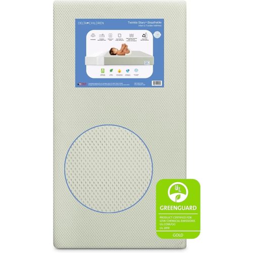 Delta Children Twinkle Stars Breathable Baby Bed Crib Mattress and Toddler Mattress with Removable/Machine Washable Cover - GREENGUARD Gold – Waterproof - Sustainably Sourced Core Fiber Core, Green