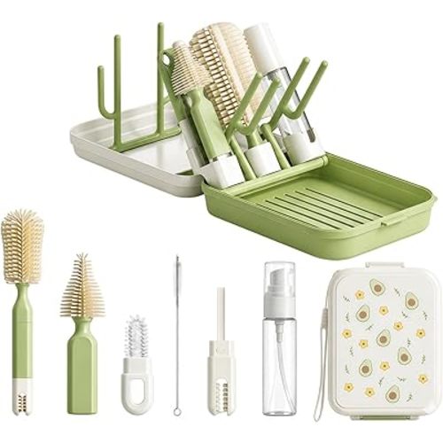 8-in-1 Baby Bottle Cleaning Kit with Drying Rack & Storage Case, Portable Silicone Bottle Brush Set for Bottles, Nipples & Straws, Travel Baby Essentials（Avocado Green）