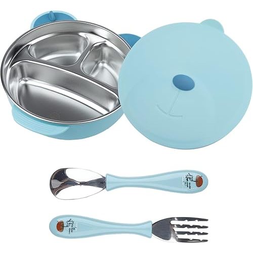 Stainless Steel Baby Feeding Bowl, Toddler Suction Plate with Lid Spoon and Fork, Perfect for Children (Blue)