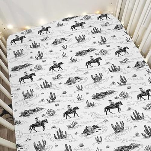 Black and White Cowboy Horse Baby Crib Sheets for Boy Girl 52x28Inch Retro Western Cowboy Cactus Soft Stretchy Fitted Crib Mattress Cover Wild Desert Baby Sheet Fits Crib and Toddler Bed Mattresses