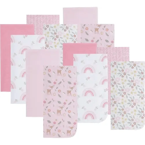 EVERYDAY KIDS 12 Pack Burp Cloths for Baby Girl; Newborn Essential with - Large Absorbent Cotton Flannel Pink Burping Cloths for Babies with Woodlands, Floral and Rainbow Prints and Solids