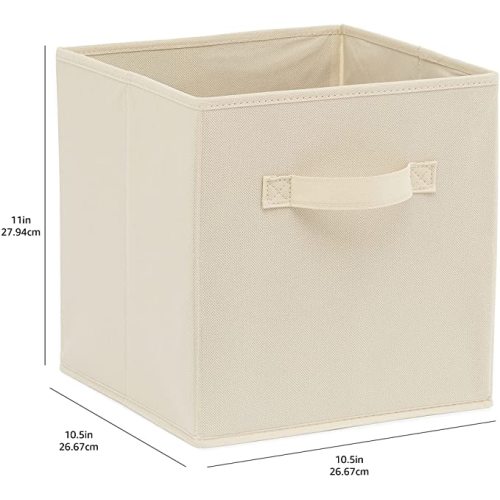 Amazon Basics Collapsible Fabric Storage Cubes Organizer with Handles, Sturdy, Beige, 10.5-x-10.5-x-11-inch, Pack of 6