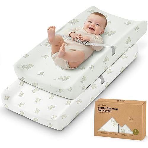 2-Pack Organic Changing Pad Covers for Girl, Boy, Neutral - 100% Cotton Changing Table Pad Cover, Soft Baby Nursery Diaper Changing Pad Sheets, Contour Changing Pads Liners, Change Pad Cover (Elly)