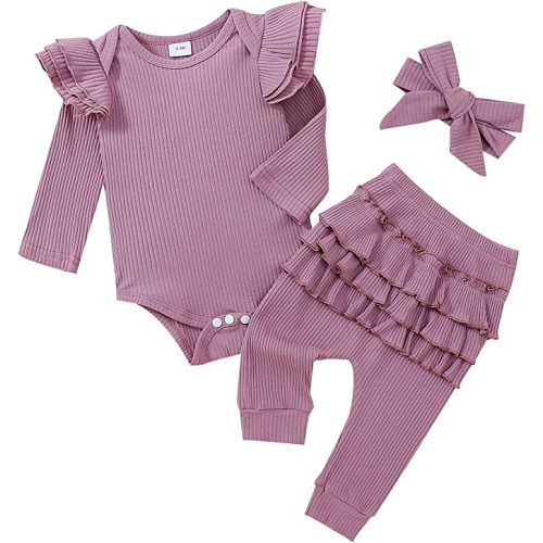  KANGKANG Newborn Baby Girl Clothes Baby Girl Outfits Ribbed  Ruffle Sleeve Romper + Floral Pants + Cute Headband Baby Clothes for Girls  Infant Girl Clothes Cream Brown 3Pcs: Clothing, Shoes 