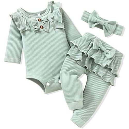 Aalizzwell Preemie Newborn Infant Baby Girls Clothes Ribbed Bodysuit Pants Set Fall Winter Outfits